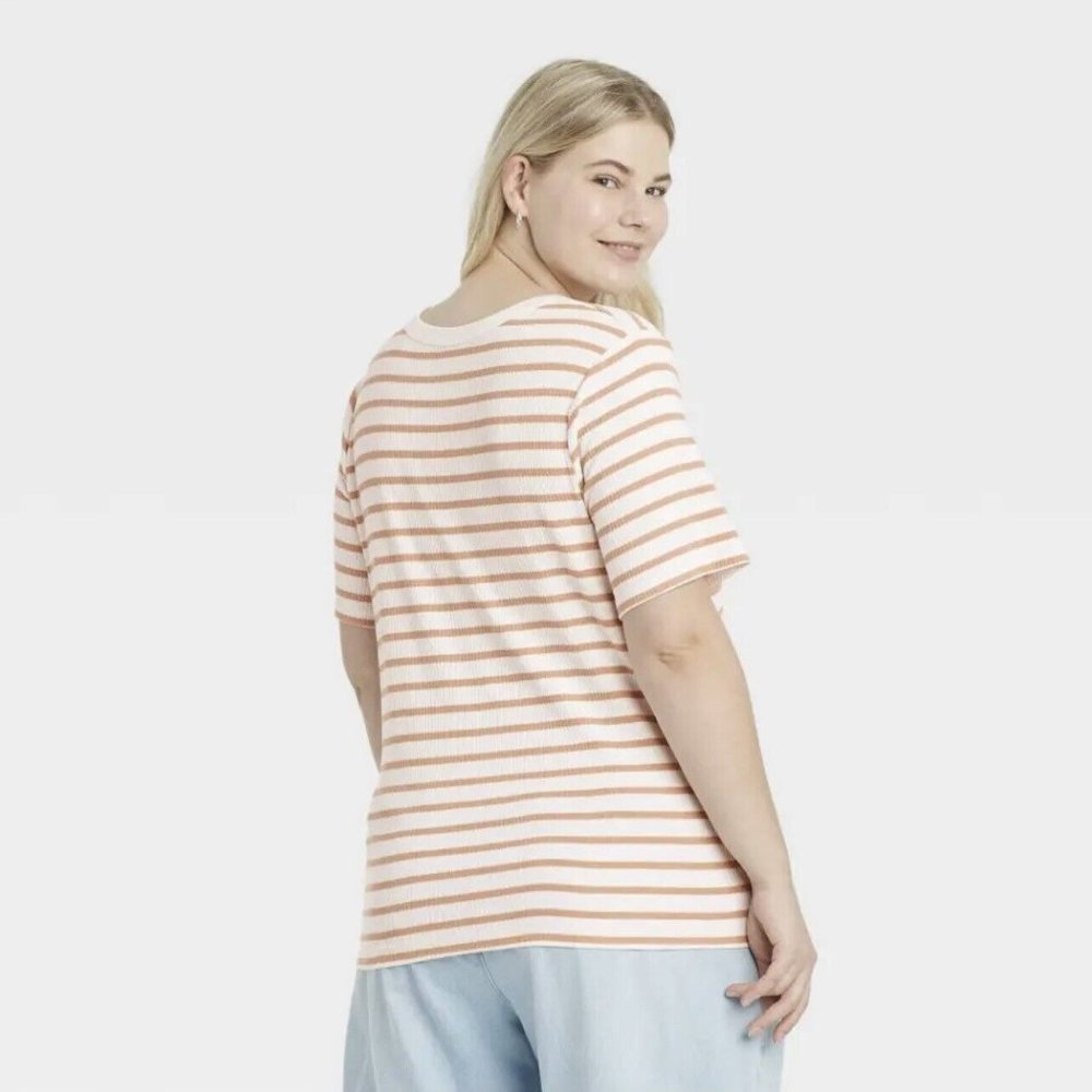New A New Day Women's Striped Short Sleeve Ribbed T-Shirt Beige & White - Picture 2 of 4